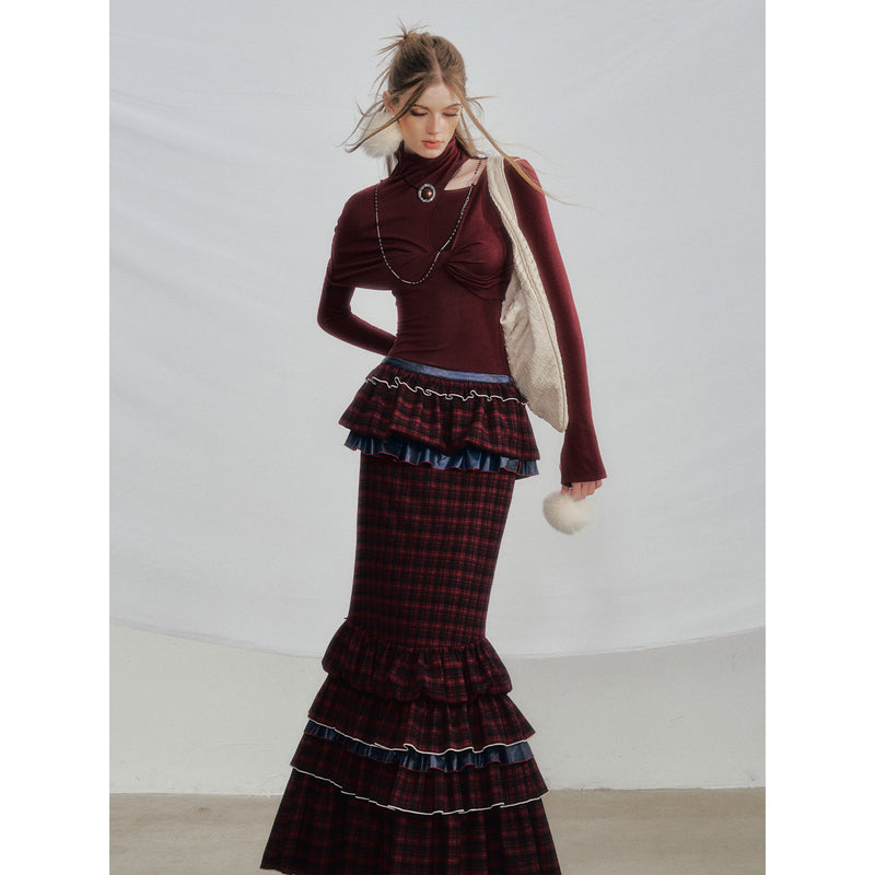 Wine Red Docking Plaid Tiered Skirt