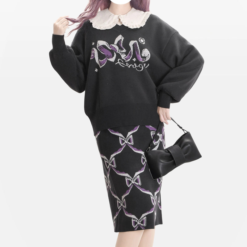 Black and Purple Sweater and Skirt with a Ribbon Pattern[2025年2月下旬-3月中旬発送予定]