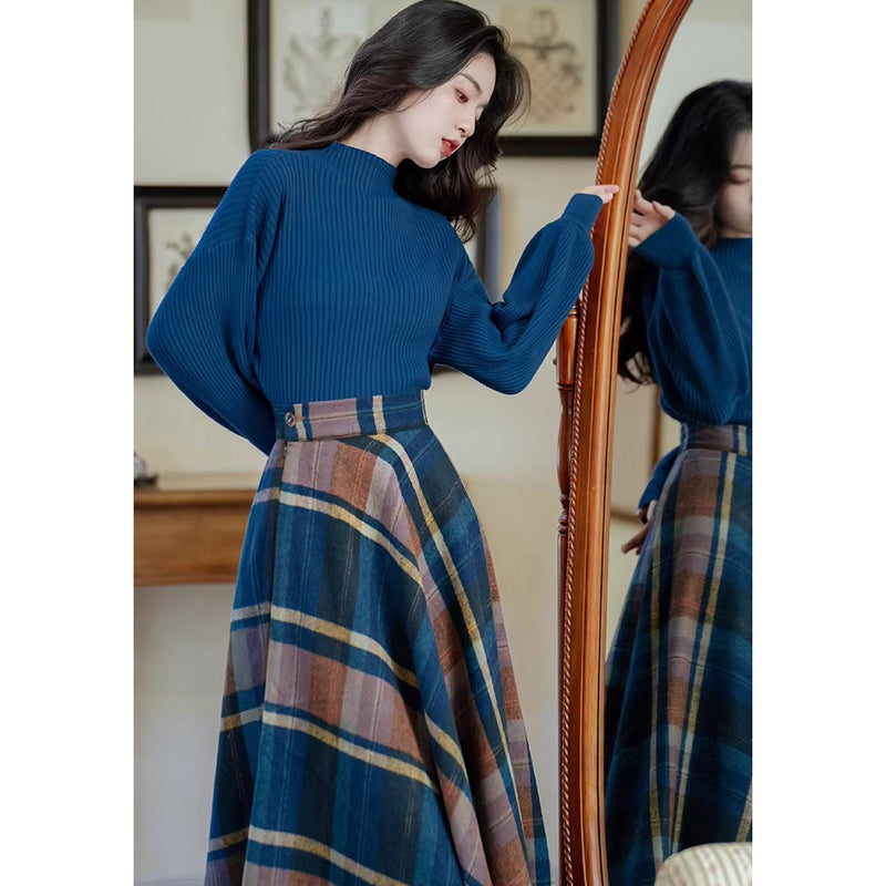 Blue-Brown Checkered Retro Skirt and Blue Knit Sweater