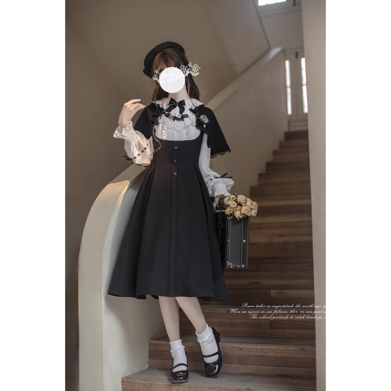 英国令嬢のクラシカルドッキングワンピースとケープ - Black