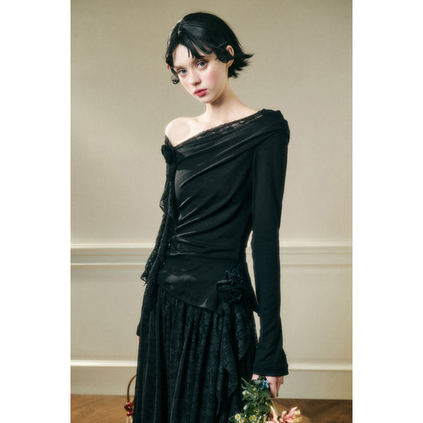 Rose Patterned Lace Top and Long Skirt - Black