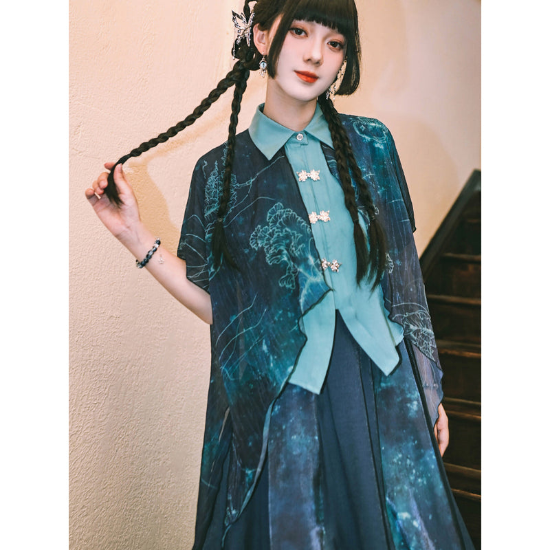 深藍の海月のシフォンブラウス