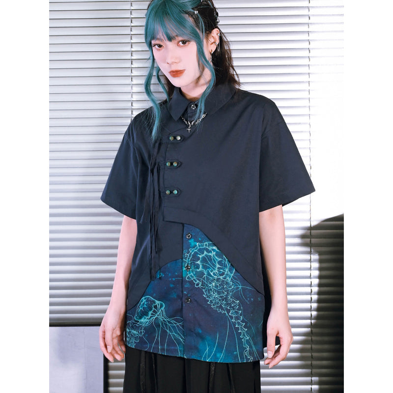 深藍の海月のアシンメトリーブラウス