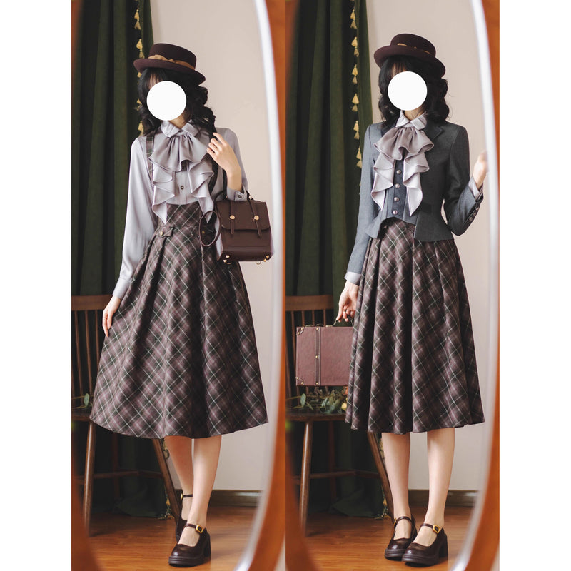 英国のお嬢様のクラシカルジャンパースカート - Olive Gray Checked[2025年12月中旬発送予定]