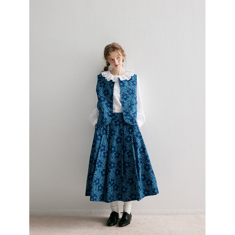 Blue Floral Patterned Vest and Skirt