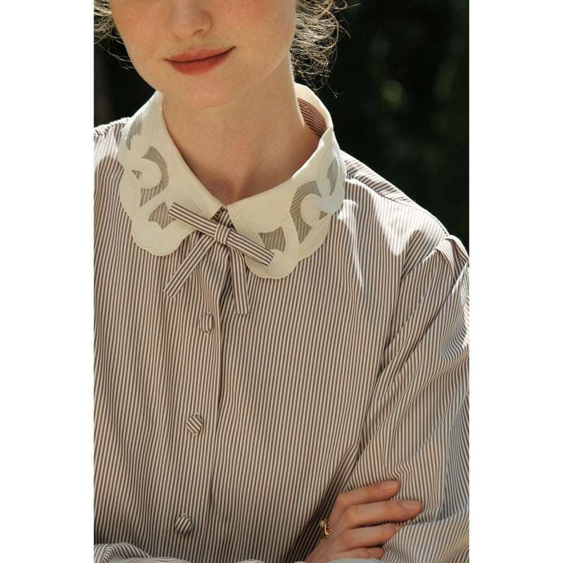 Striped Blouse with Embroidered Collar