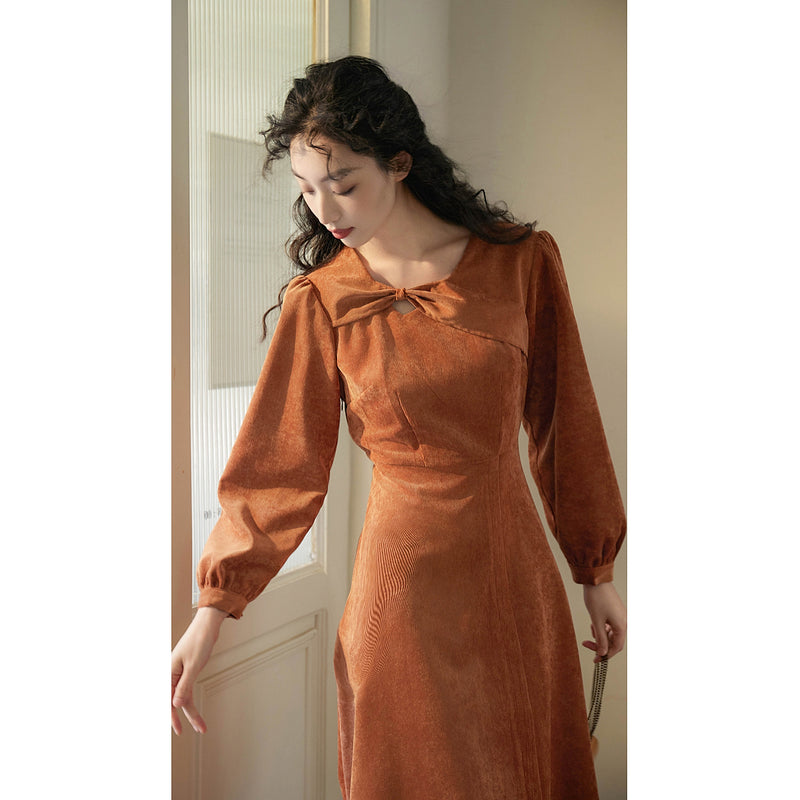 Orange Brown Corduroy Retro Dress