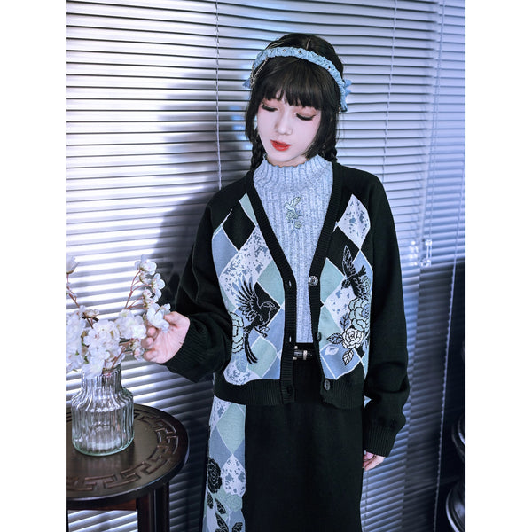 椿の花と鶯の挿絵カーディガンとニットスカート