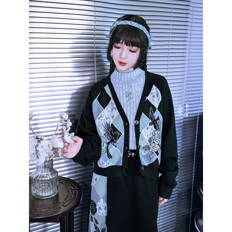 椿の花と鶯の挿絵カーディガンとニットスカート