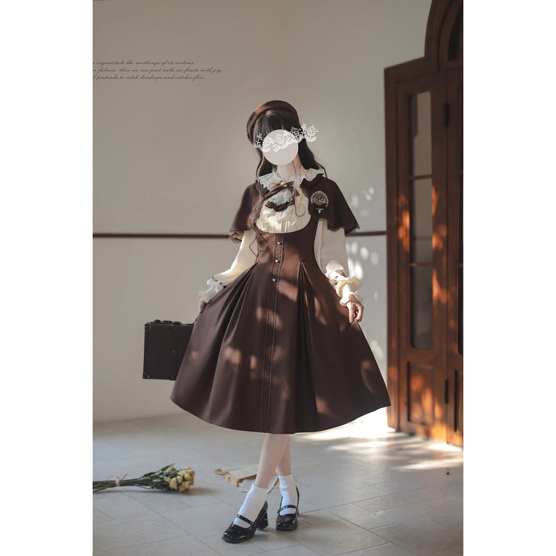 英国令嬢のクラシカルドッキングワンピースとケープ - Brown