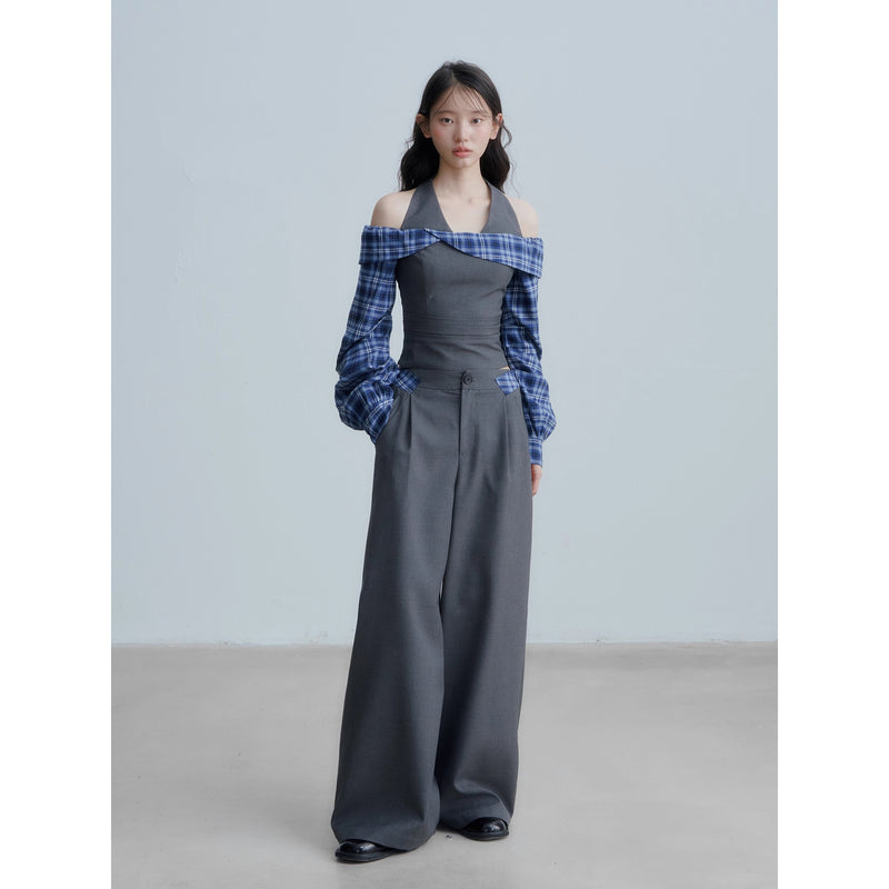 Checkered Off-the-shoulder Blouse and Grey Wide Pants