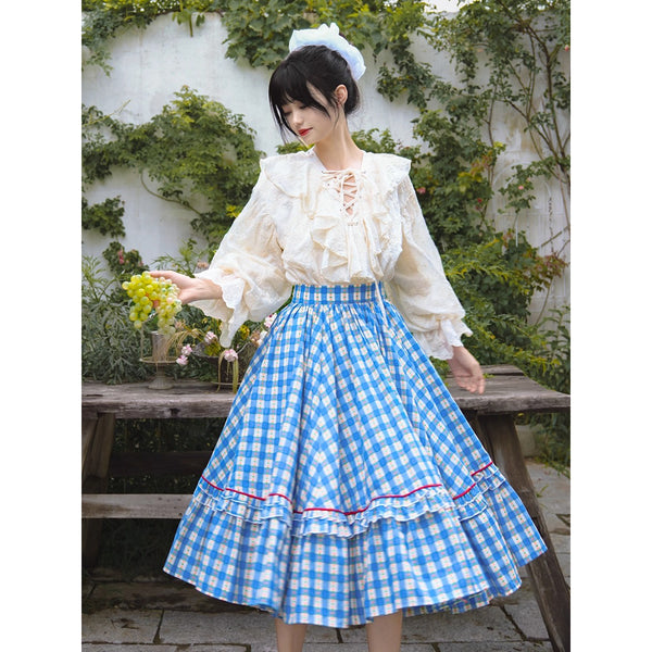 紺碧と花柄の格子柄レトロスカート