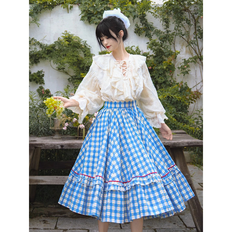 紺碧と花柄の格子柄レトロスカート