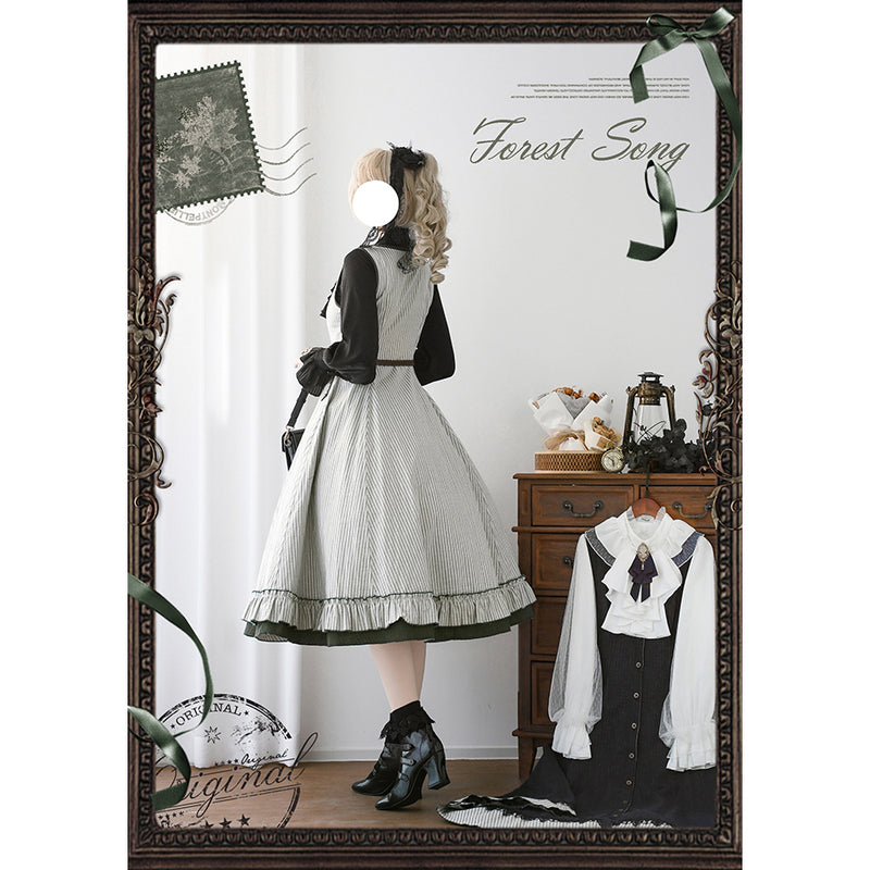 灰緑の縦縞クラシカルジャンパースカート - ロング丈[2025年12月下旬-2026年1月下旬発送予定]