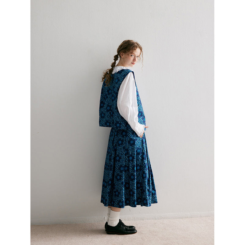 Blue Floral Patterned Vest and Skirt