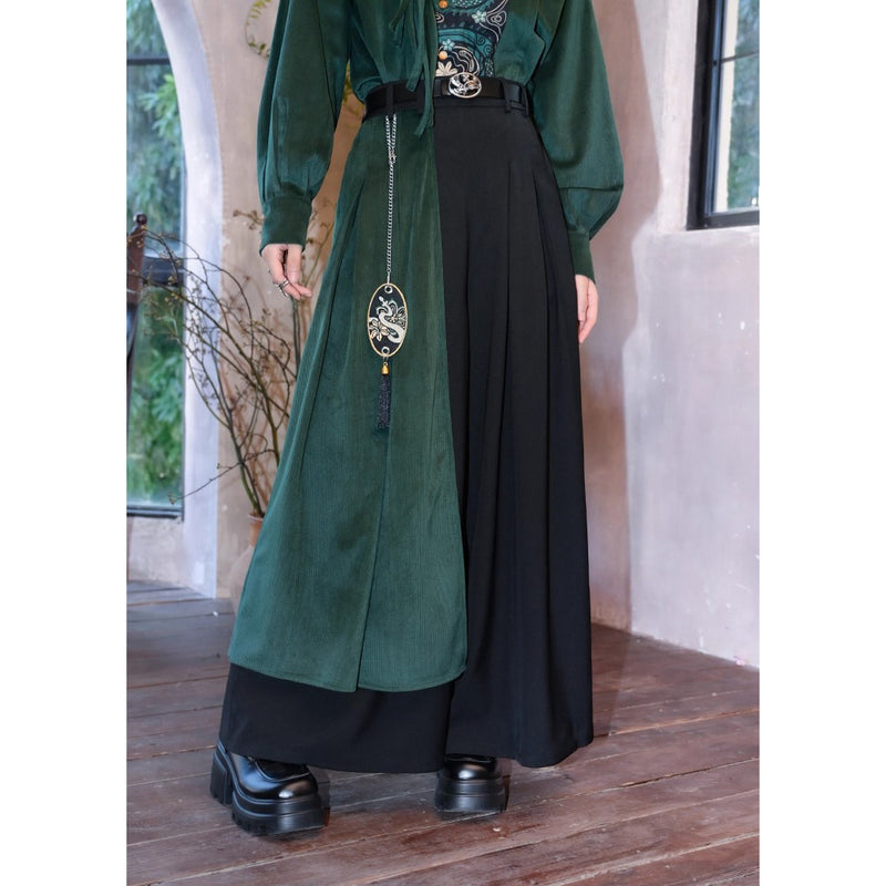 黒緑の蛇刺繍ドレープワイドパンツ