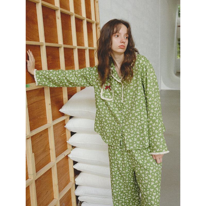 Matcha Floral Patterned Retro Room Wear