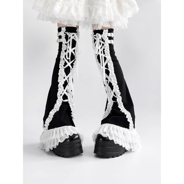 Black Frill Lace-up Leg Warmers