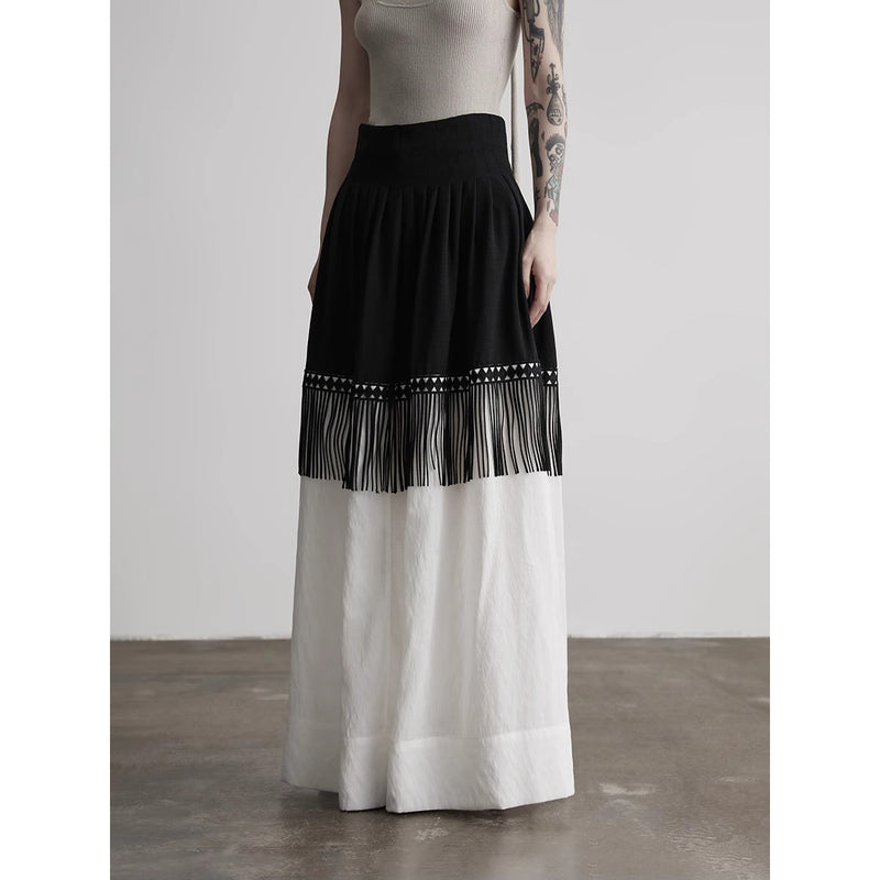 Black and White Fringe Long Skirt