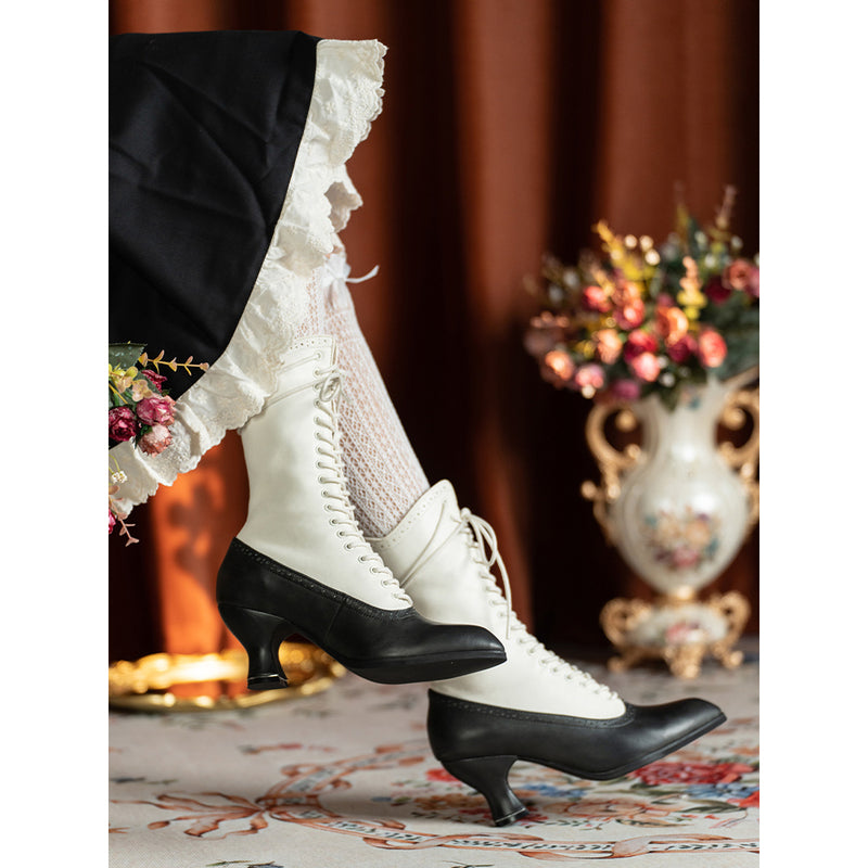 Victorian Pointed Toe Lace Up Boots - Black White