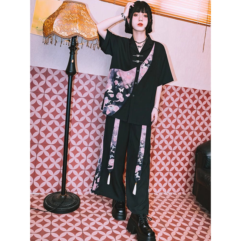 暗夜の花と蝶々のワイドパンツ