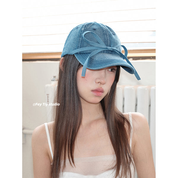 Denim Cap with a Ribbon