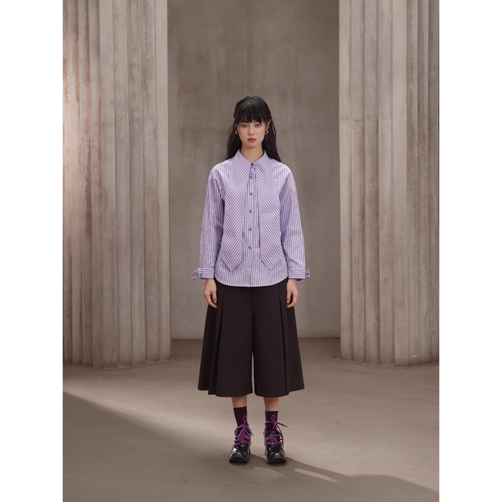 NARACAMICIE y2k クラシカル フリルブラウス ストライプ 紫 S 