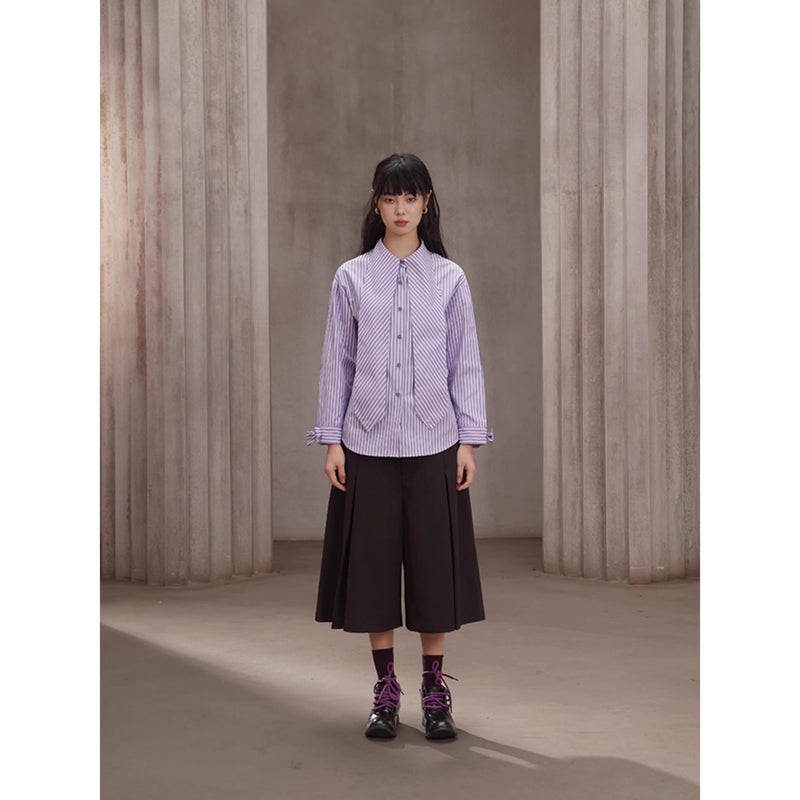 薄紫の縦縞ストライプブラウス