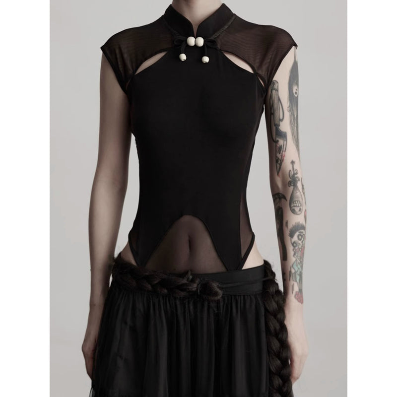 Black China Sleeveless Bodysuit