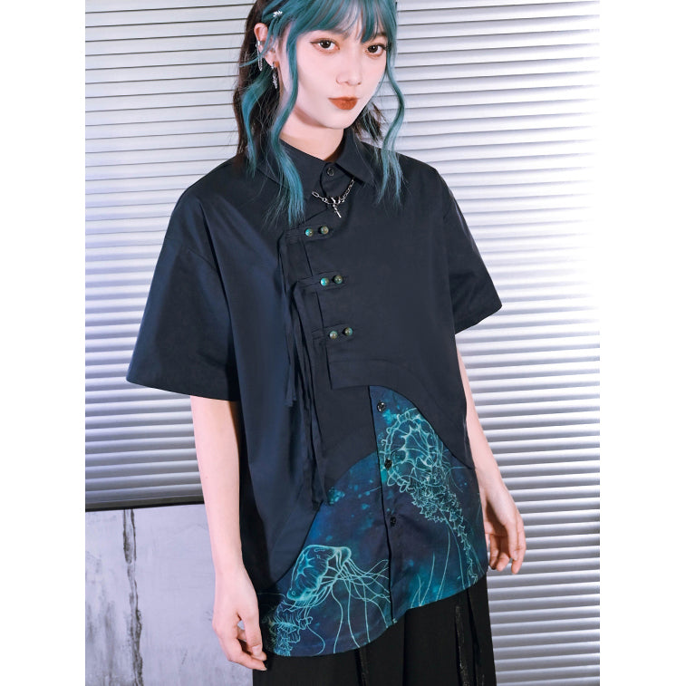 深藍の海月のアシンメトリーブラウス