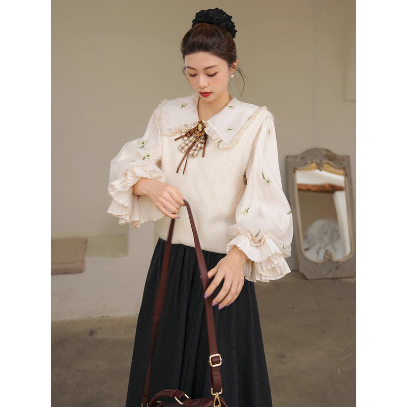 宮廷の花の刺繍ヴィクトリアンブラウスとニットベスト