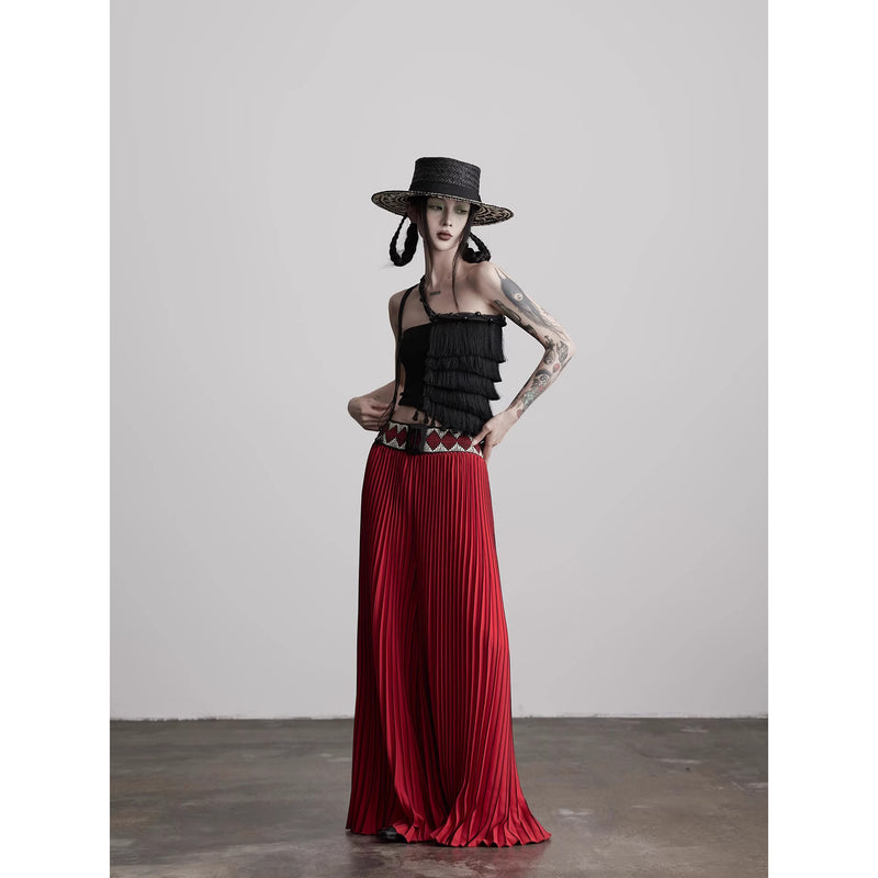 Ethnic Red Pleated Wide Pants