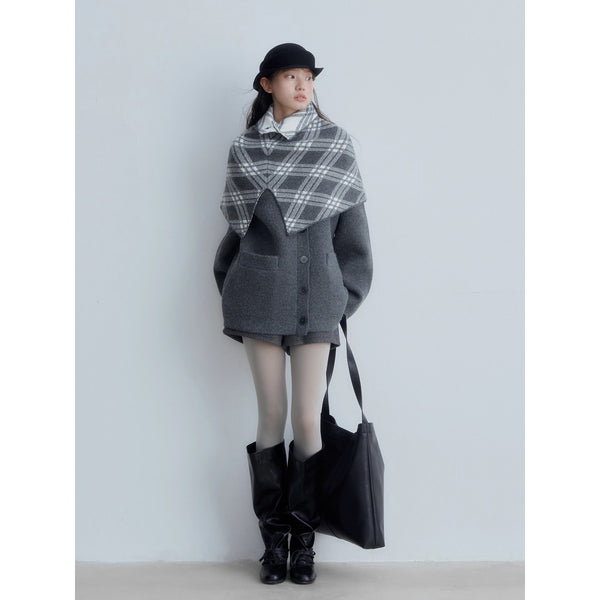 Checkered Cape and Grey Knit Cardigan