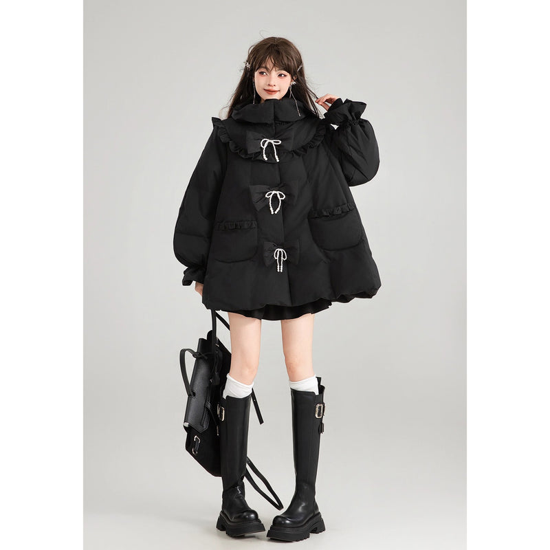 黒のお嬢様のリボンダウンジャケット