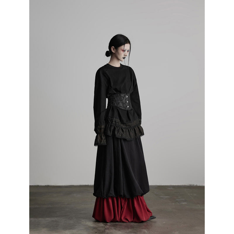 Black and Red Bicolor Layered Long Skirt