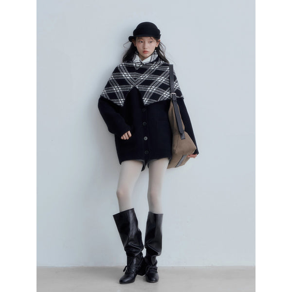 Checkered Cape and Black Knit Cardigan