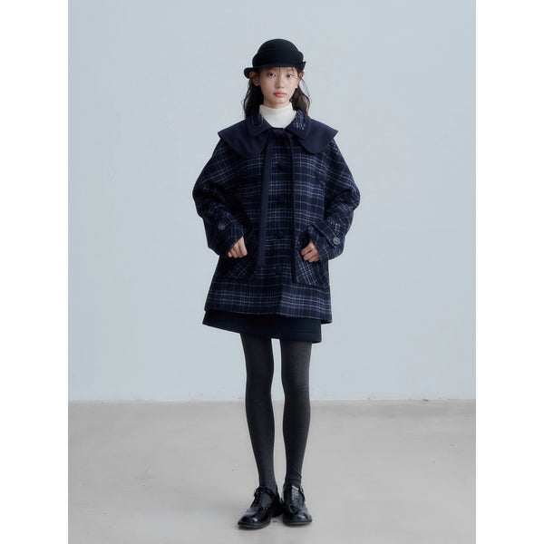 Dark Navy Check Preppy Wool Coat