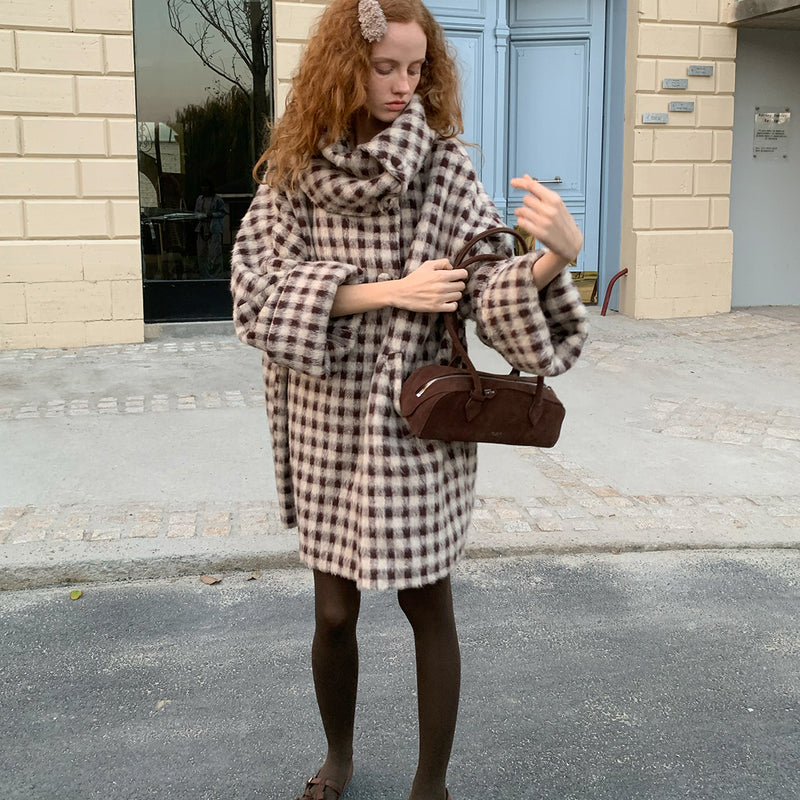 Dark Brown Plaid Snood Wool Coat