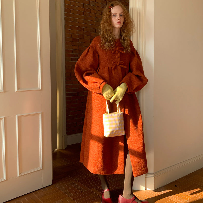 Camel Red Puffy Retro Wool Coat