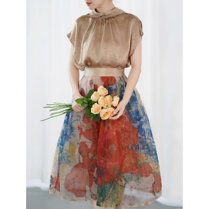 ヒナゲシの花の油彩画オーガンジースカート