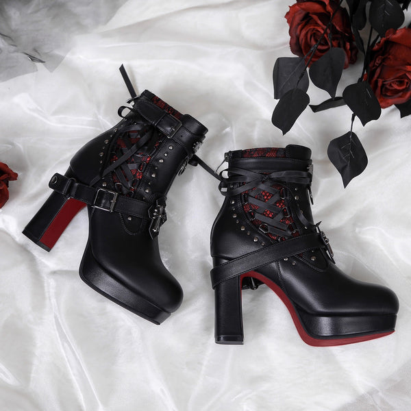 Gothic Lace Ribbon High Heel Boots