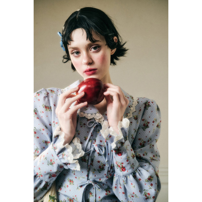 Sky Blue and Strawberry Patterned Blouse and Skirt