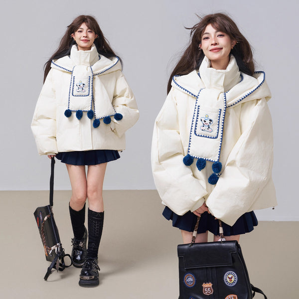 子犬の刺繍フードダウンジャケット