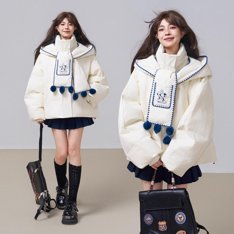 子犬の刺繍フードダウンジャケット