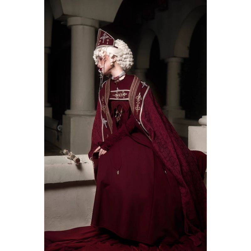 月夜の修道女の刺繍ミトラ - Wine Red × Gold[2025年12月上旬-2026年1月上旬発送予定]