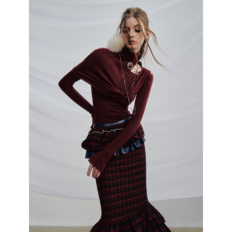 Wine Red Slim Asymmetry Wool Top