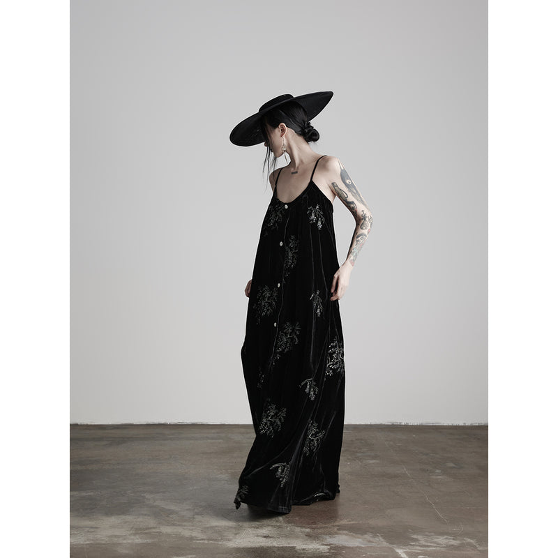 Black Velvet Embroidered Long Strap Dress