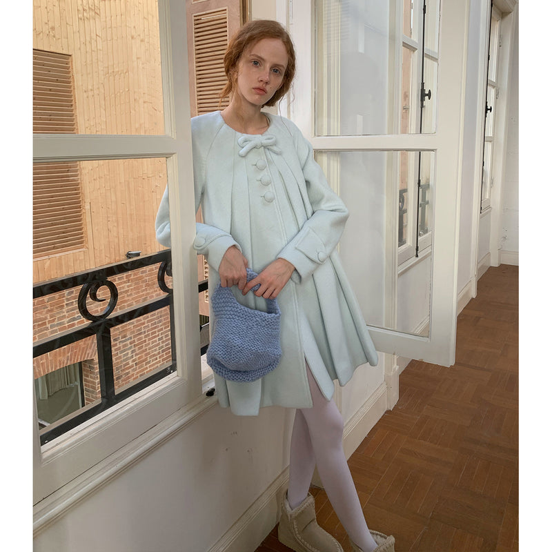 Frosty Blue Wool Pleated Coat with Ribbon