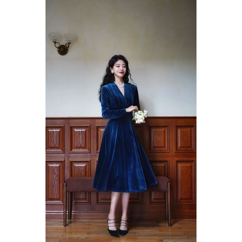 紺藍色の貴婦人ベルベットワンピース