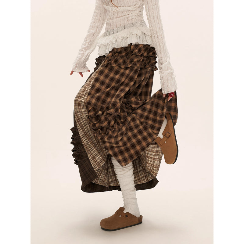 Brown Check Layered Long Skirt